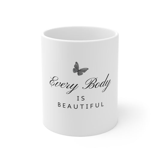 UK Every Body Is Beautiful Mug, Inspirational Coffee Cup, Self-Love Gift, Butterfly Design, Motivational Tea Mug, Affirmation Drinkware