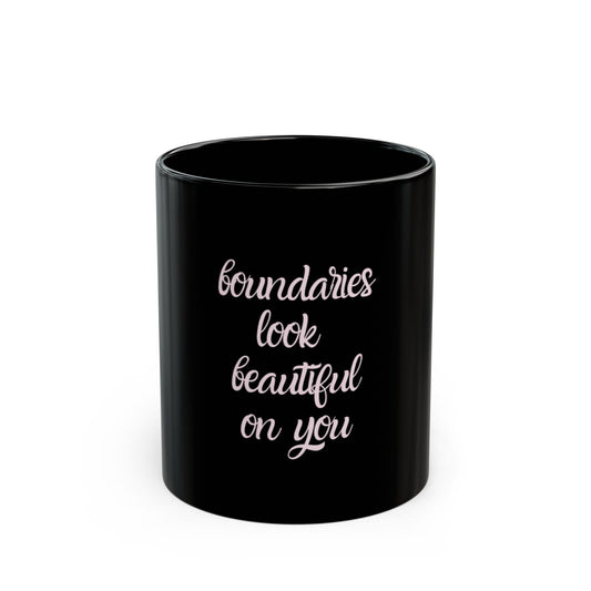 UK Black Mug - Boundaries Look Beautiful On You, Motivational Coffee Cup, Self-Care Gift, Office Humor, Empowerment Drinkware